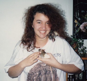 me, age 23, with rats, mad hair and a WHITE shirt